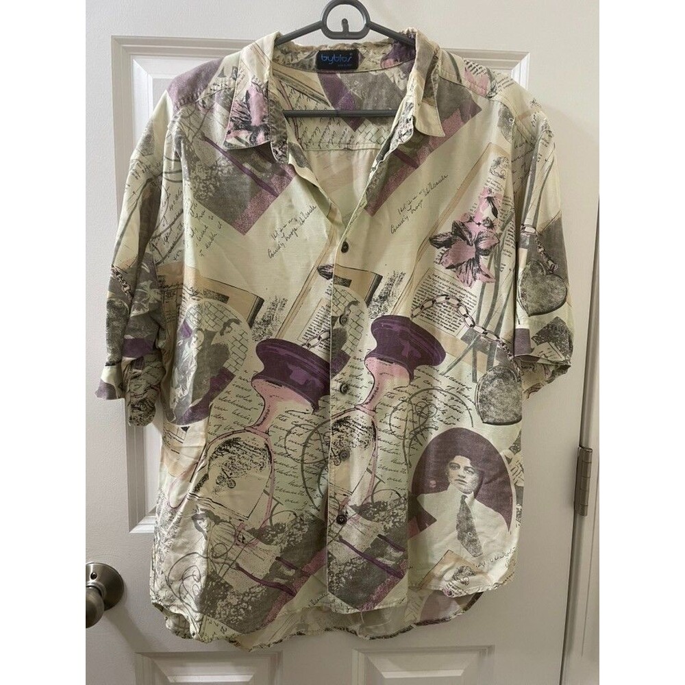 VTG Byblos Gray/beige Button Down SHIRT Made In Italy L poster card print